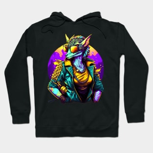 Retro Dragon Art| Cute Female Dragon in Jacket wearing Sun glasses Hoodie